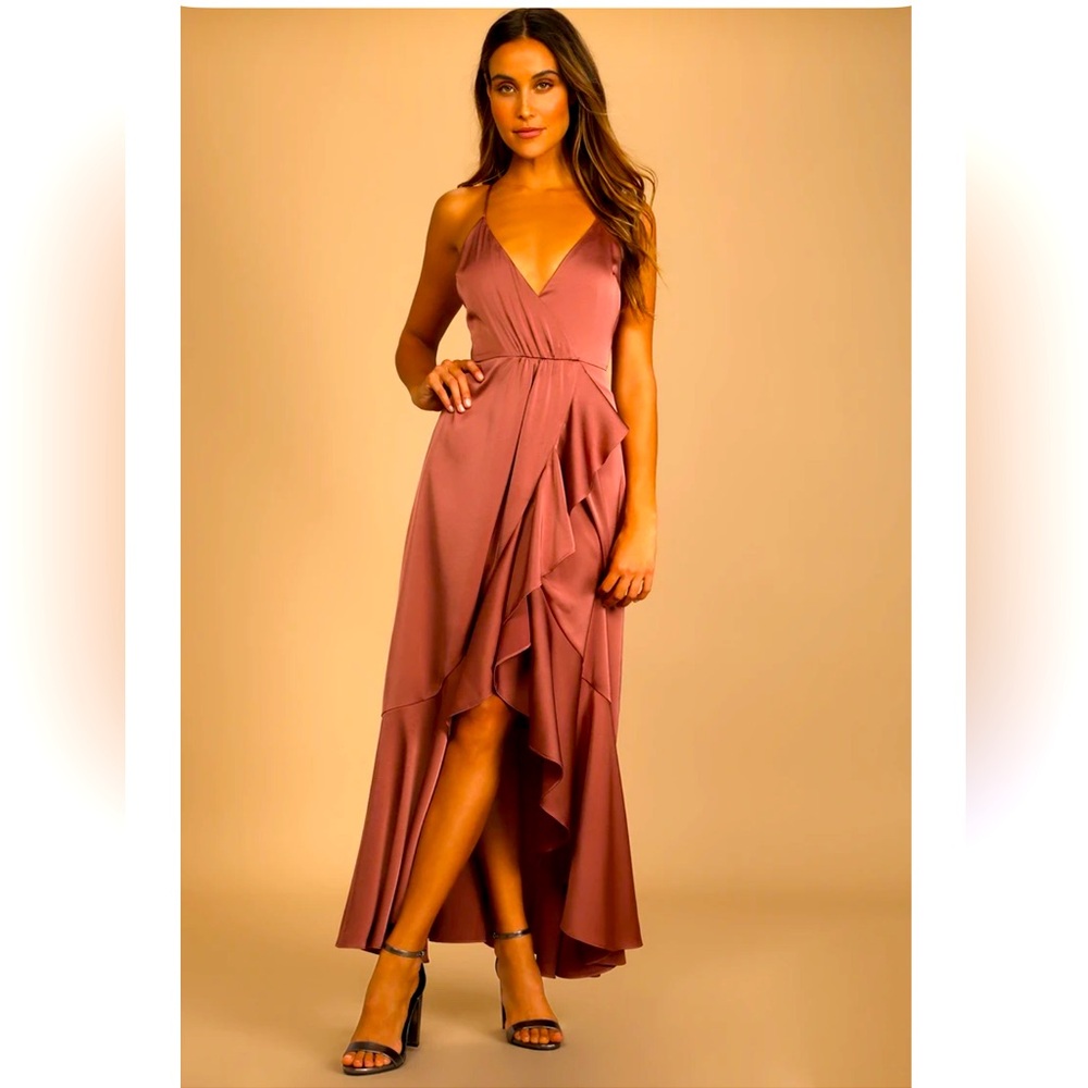 Lulus woman mauve satin faux wrap ruffle midi dress size L